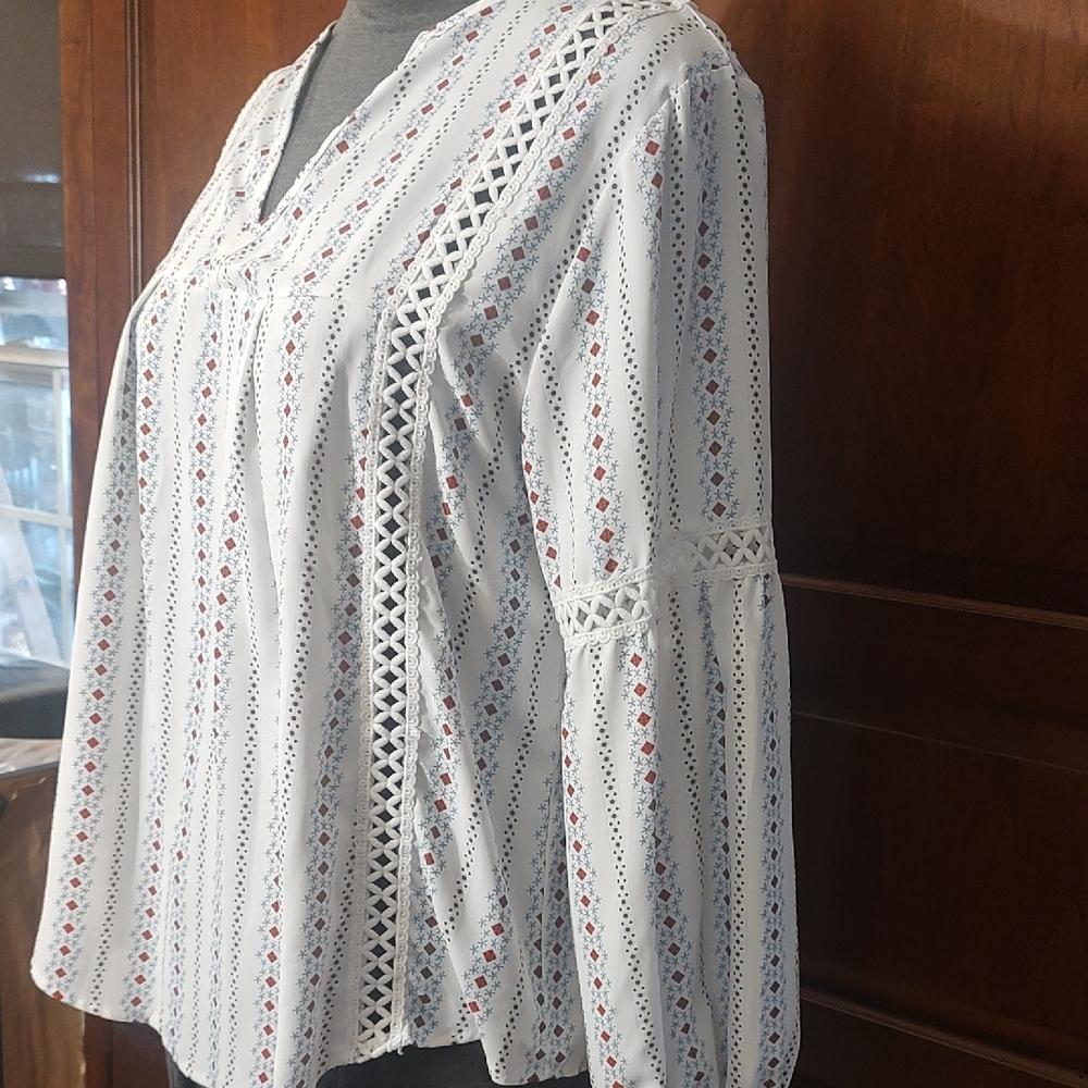 Boho White V-Neck Peasant Blouse with Red & Blue Geo Stripe